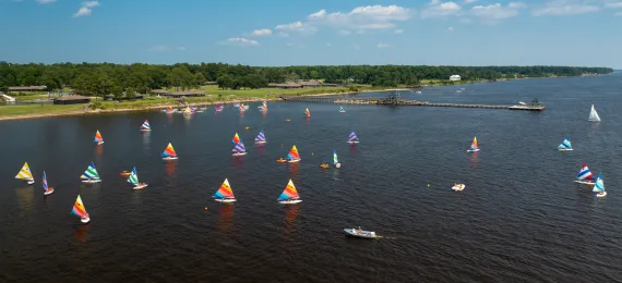 aerial view of the Seafarer waterfront with sailboats